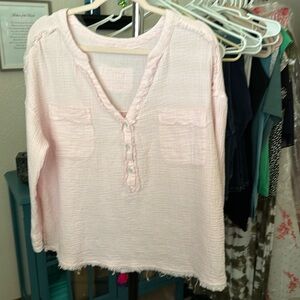 Pink 100% Cotton Long Sleeve Raw Hem Top Size XL